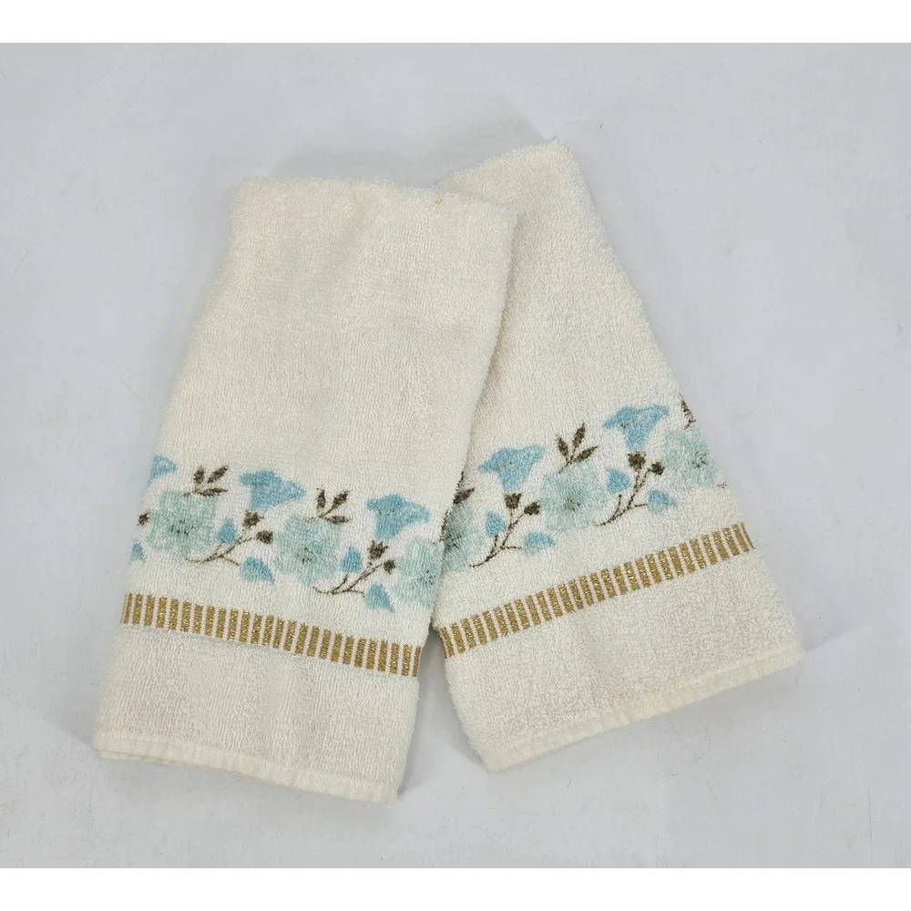Vintage Cannon Monticello Hand Towels Set of 2 Bluebell Floral Gold MCM Bath